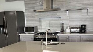 A modern kitchen with a large island, stainless steel appliances, and a marble backsplash. - Tropical, Romantic and  Chic at Marisule Villa (Gros Islet)