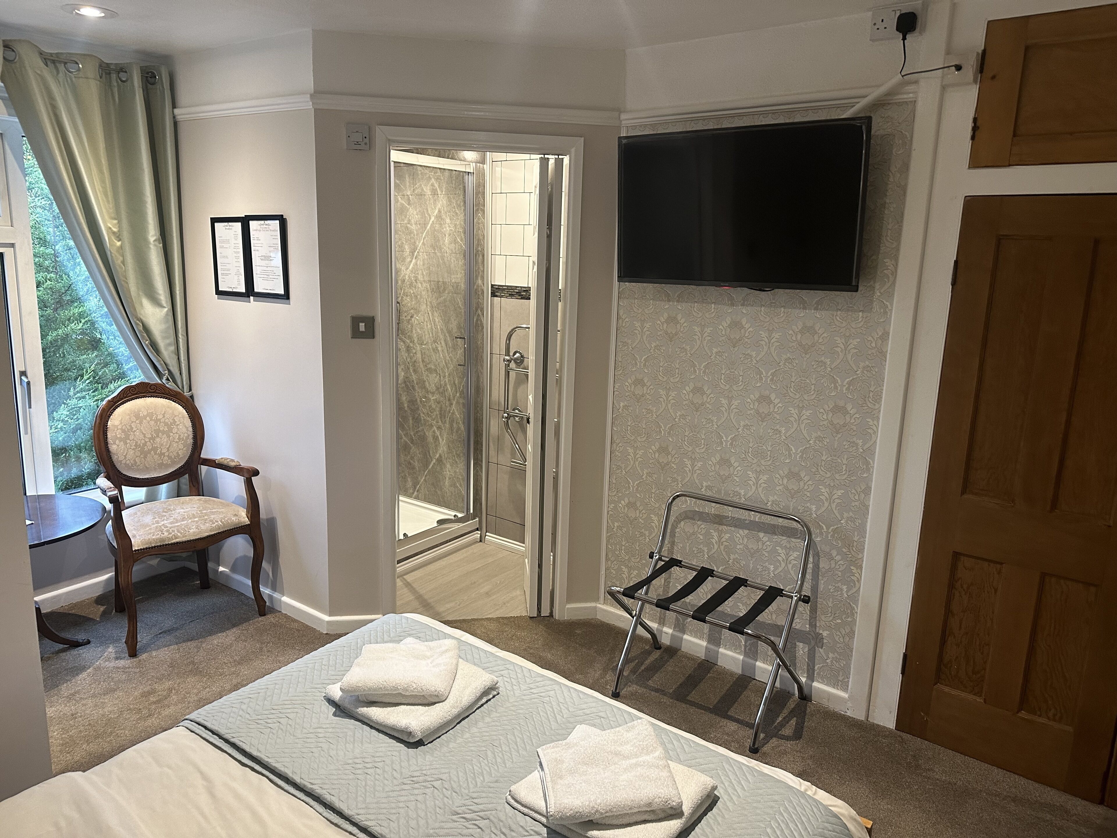 Une chambre d’hôtel avec un lit, une chaise, un espace douche, une télévision et une porte.