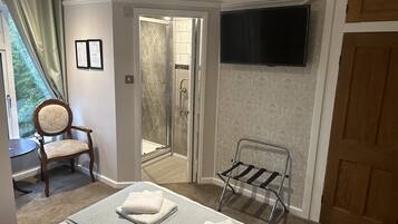 Une chambre d’hôtel avec un lit, une chaise, un espace douche, une télévision et une porte.