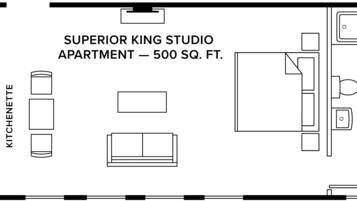 A floor plan of a Superior King Studio Apartment, 500 sq. ft., featuring a kitchenette, a sofa, a dining table, and a small bathroom.