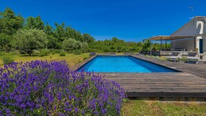 A rectangular swimming pool with a wooden deck, surrounded by lush greenery and purple flowers. - Holiday house GARICA with spacious garden (Garica)