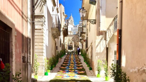 Un estrecho callejón con un tapiz floral que conduce a un edificio con un campanario.