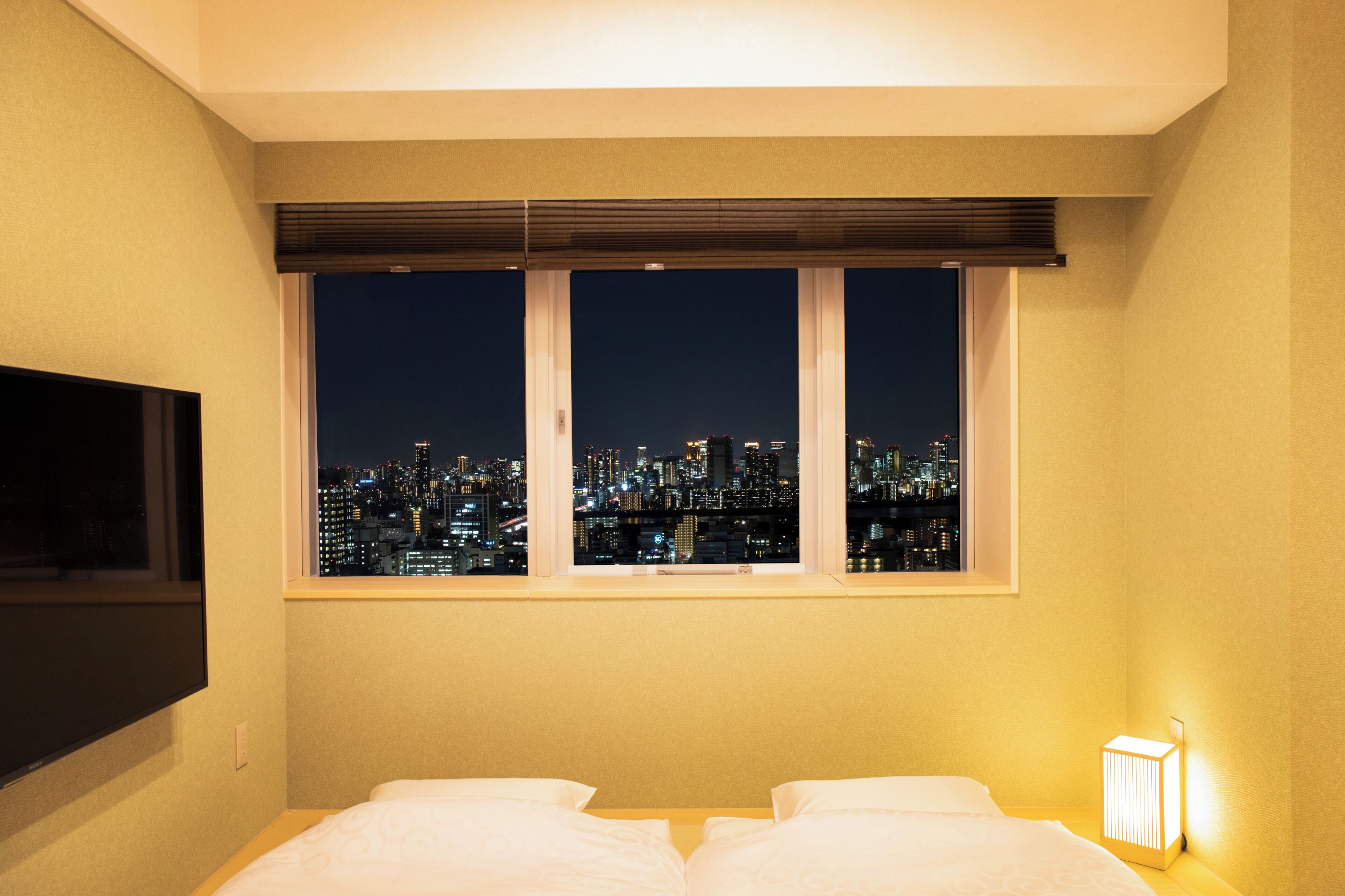 Une chambre d’hôtel avec vue sur la ville, un lit, une table de chevet et un téléviseur fixé au mur.