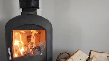 En brændeovn med synlige flammer, ved siden af en kurv med brænde.