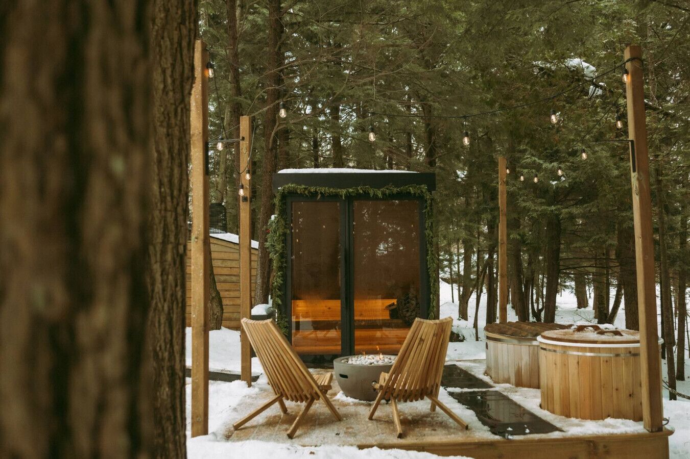 A cozy wooden cabin with a glass door, surrounded by snow-covered ground and trees.