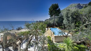 A pool area with a view of the sea, surrounded by olive trees and a stone wall.