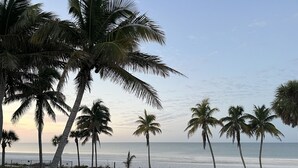 A beach with palm trees and a clear sky. - Steps away from the sugar white sands and blue water!! (Fort Myers Beach)