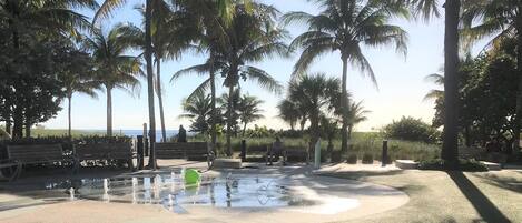 A park with benches, palm trees, and a water feature.
