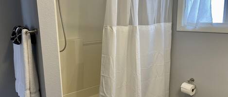 Un baño con cortina de ducha, toallero, dispensador de papel higiénico y una ventana con cortinas.