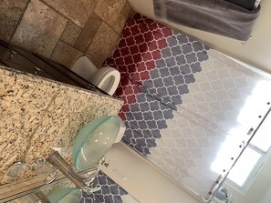 Hair dryer, towels, soap, shampoo