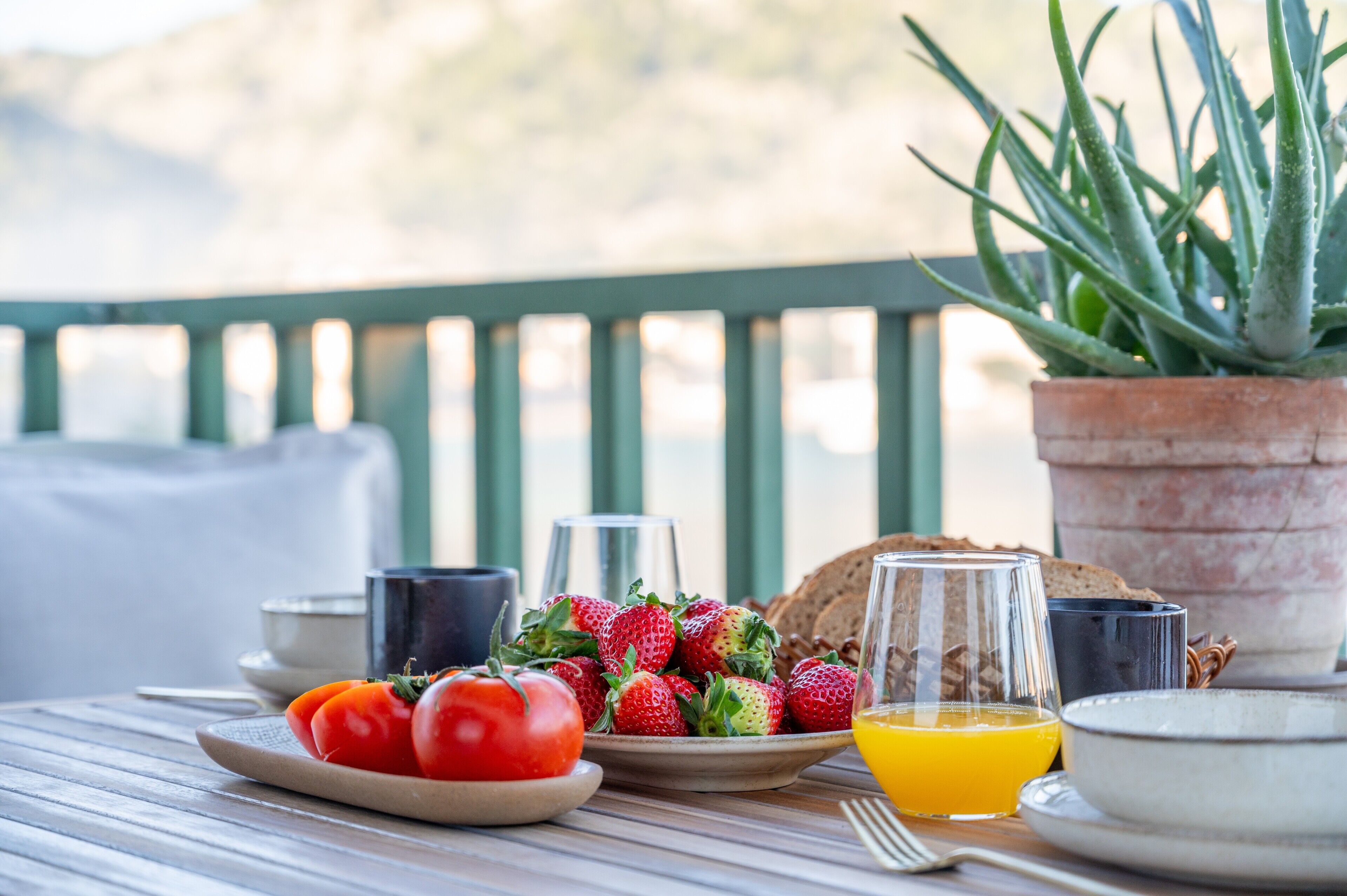 Ein Tisch mit Frühstücksangeboten, darunter Tomaten, Erdbeeren, Brot und ein Glas Orangensaft, mit einem Blumentopf und einem schönen Ausblick im Hintergrund.