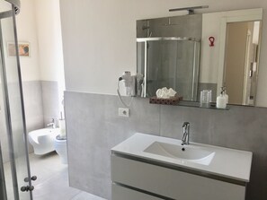 Shower, hair dryer, towels