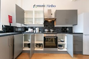 Fridge, microwave, oven, electric kettle