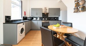 Fridge, microwave, oven, electric kettle