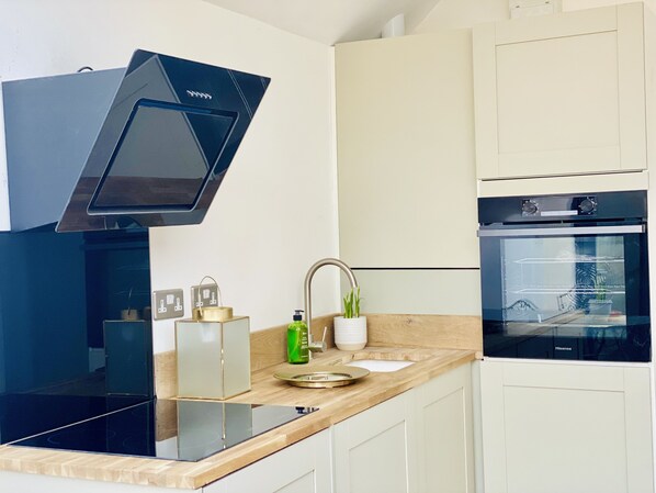 Frigorífico, microondas, horno y placa de cocina