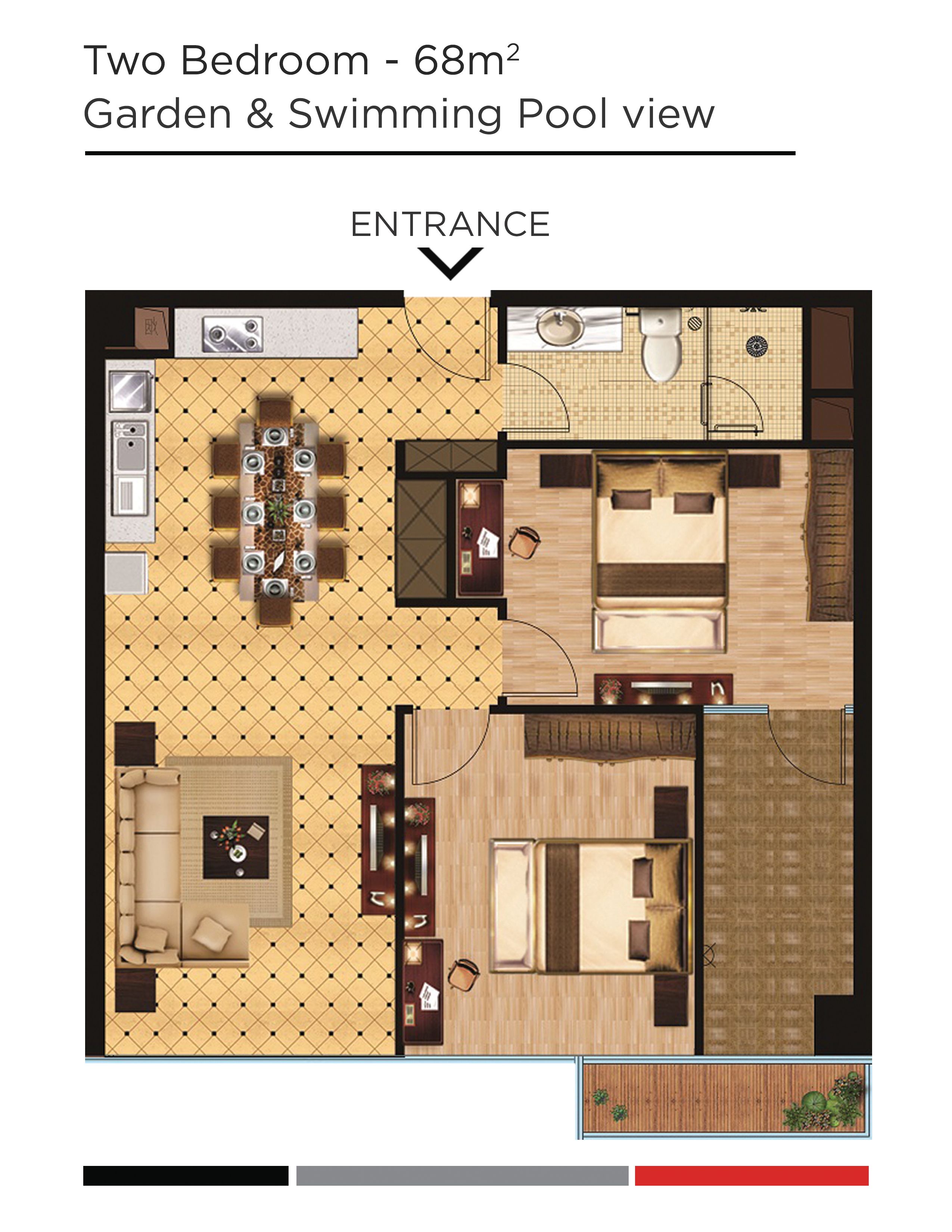 A two-bedroom apartment layout with a garden and swimming pool view.
