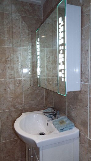 Bathroom features a sink and mirror above, with a towel placed on the edge.