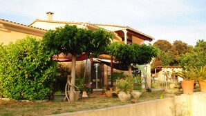 A house with a covered patio area, surrounded by various potted plants and a small garden.