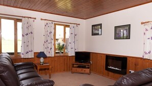 A living room with two brown leather sofas, a television on a wooden stand, and a fireplace.