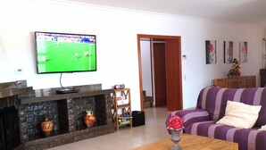 Una sala de estar con televisor, sofá, mesa de centro y objetos decorativos.