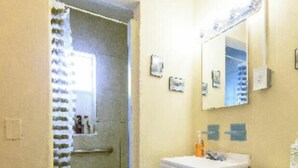 Een kleine badkamer met toilet, wastafel en douche.