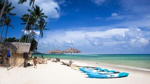 A beach with thatched umbrellas, kayaks, and a hut. - Baan Rim Haad (Koh Samui)