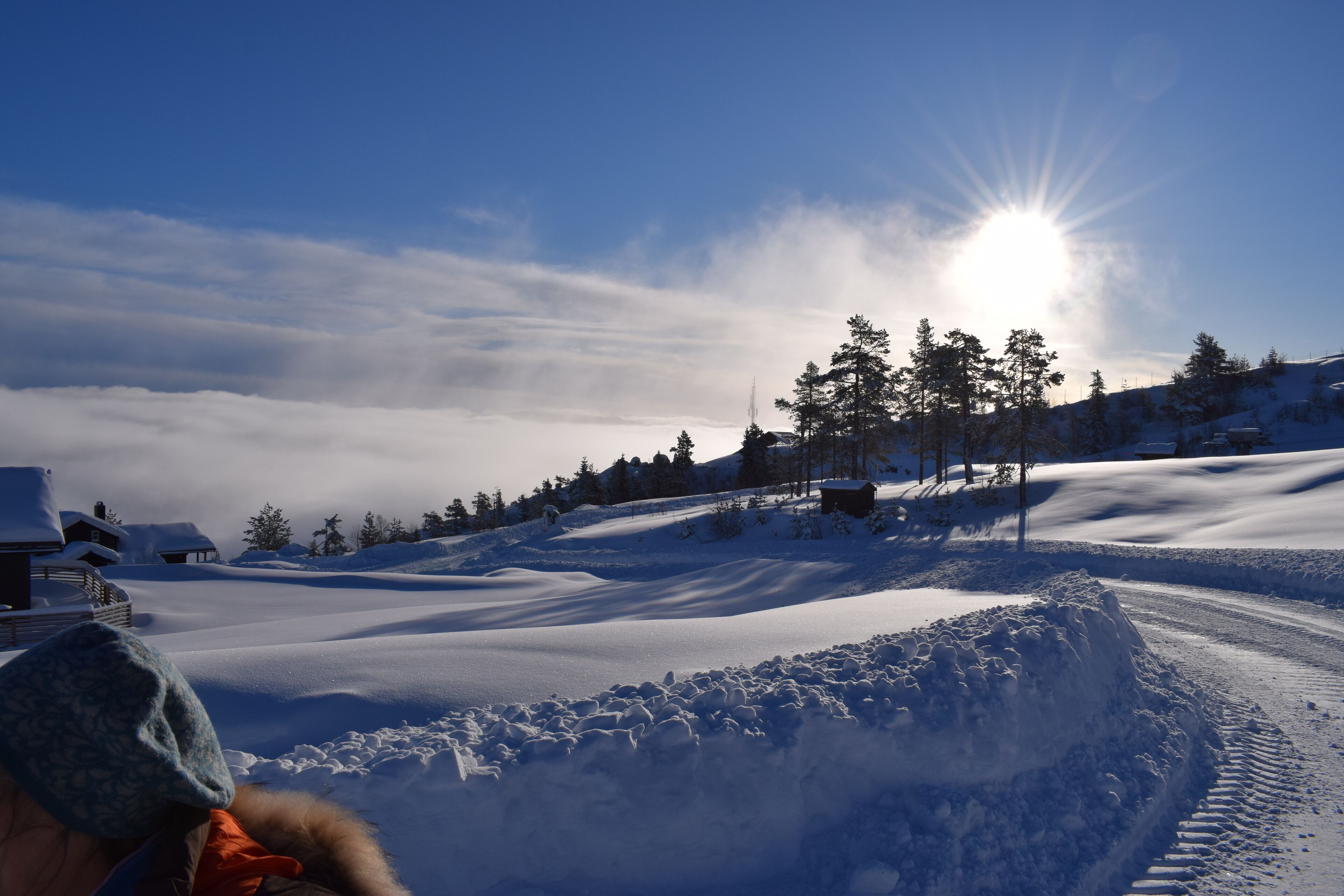 Schneeige Landschaft mit blauem Himmel und strahlender Sonne. Bäume und ein Gebäude sind im Hintergrund zu sehen.