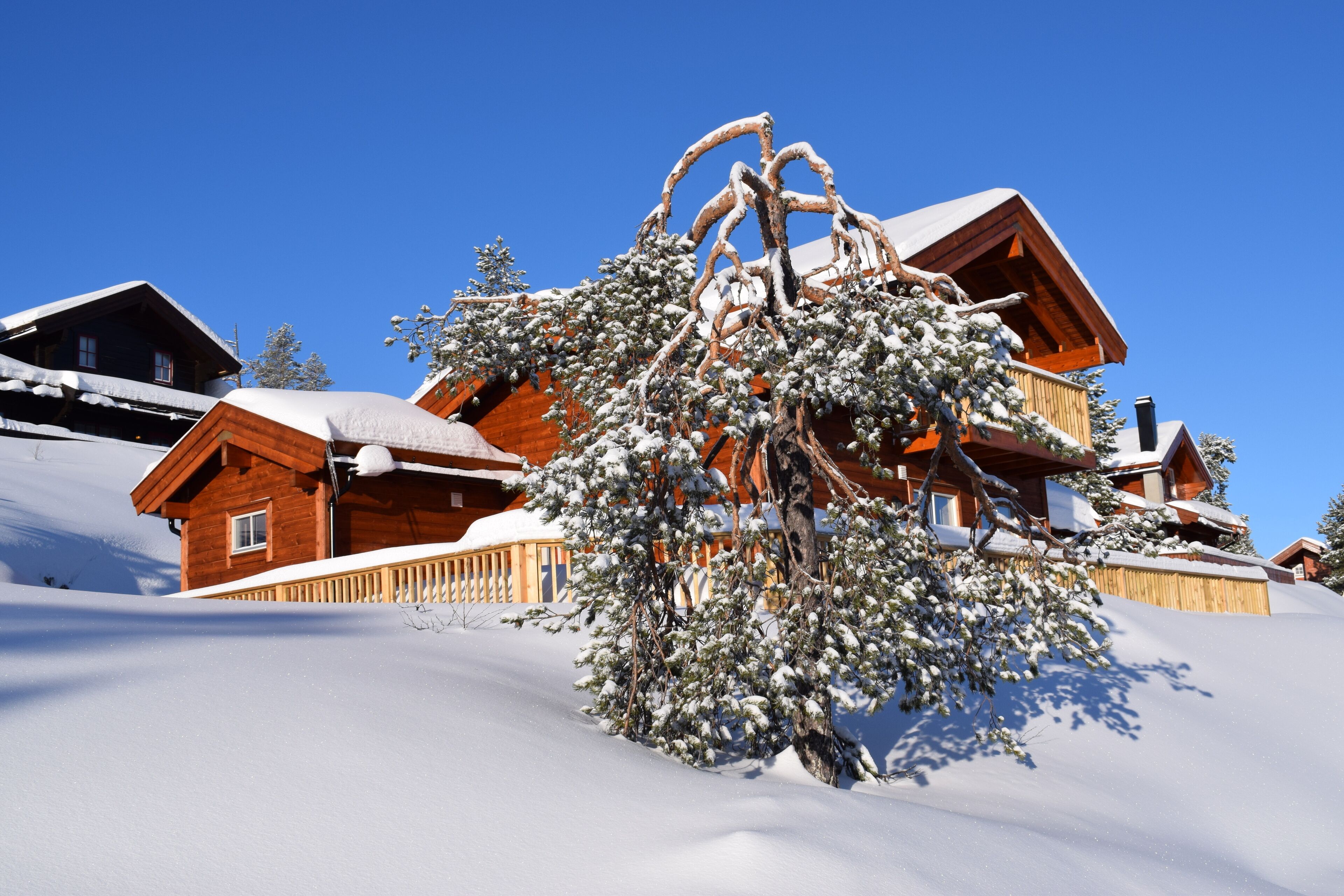 Una cabaña de madera con techo nevado y una terraza de madera, rodeada de nieve.