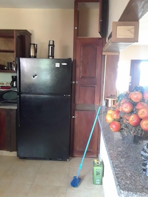 Compact kitchen area with a refrigerator, mop, and fruit bowl.