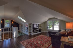 Télévision, cheminée, lecteur de DVD, livres