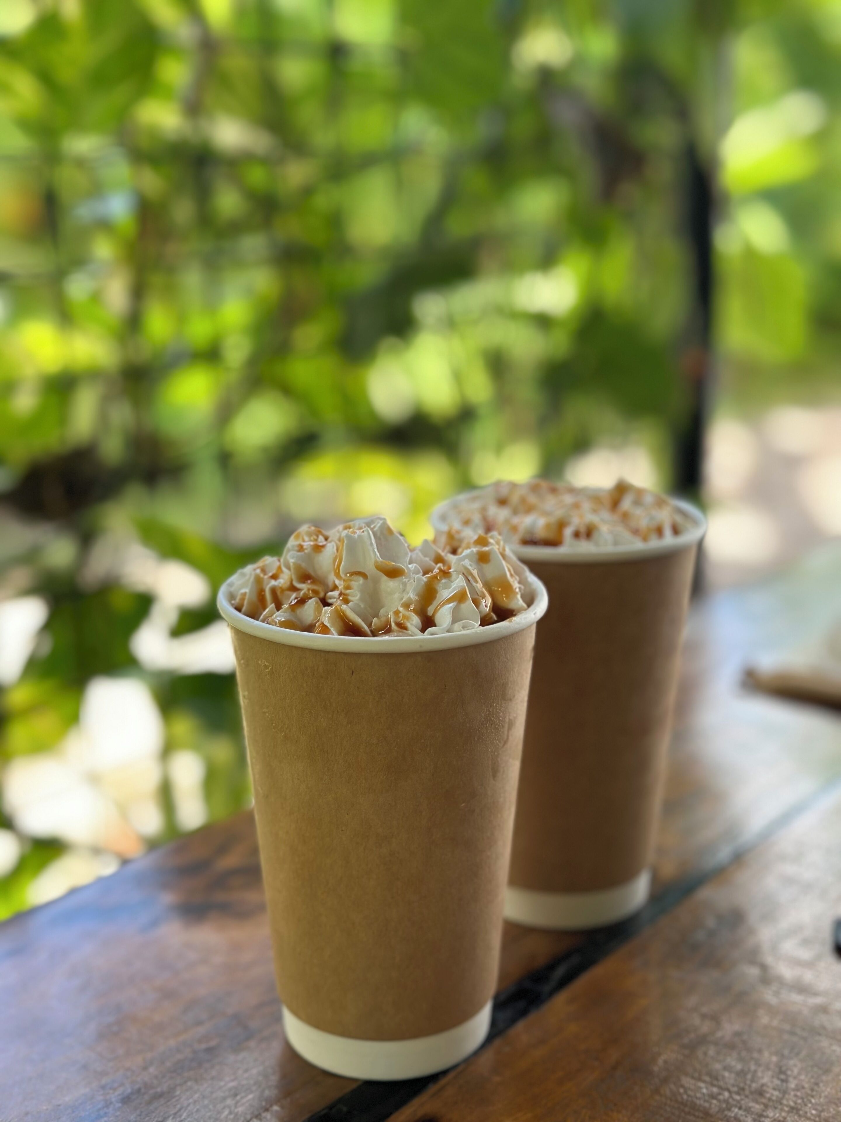 Two paper cups with whipped cream and caramel drizzle on a wooden table.