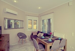 City Apartment | Living area | LED TV, DVD player - Mastiha Villas in Town (Chios)