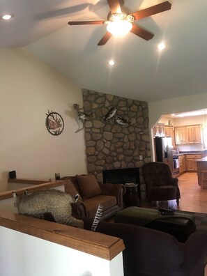 TV, fireplace, DVD player, video library