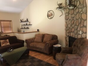 TV, fireplace, DVD player, video library