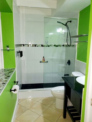 A bathroom with a glass-enclosed shower, a toilet, and a sink.
