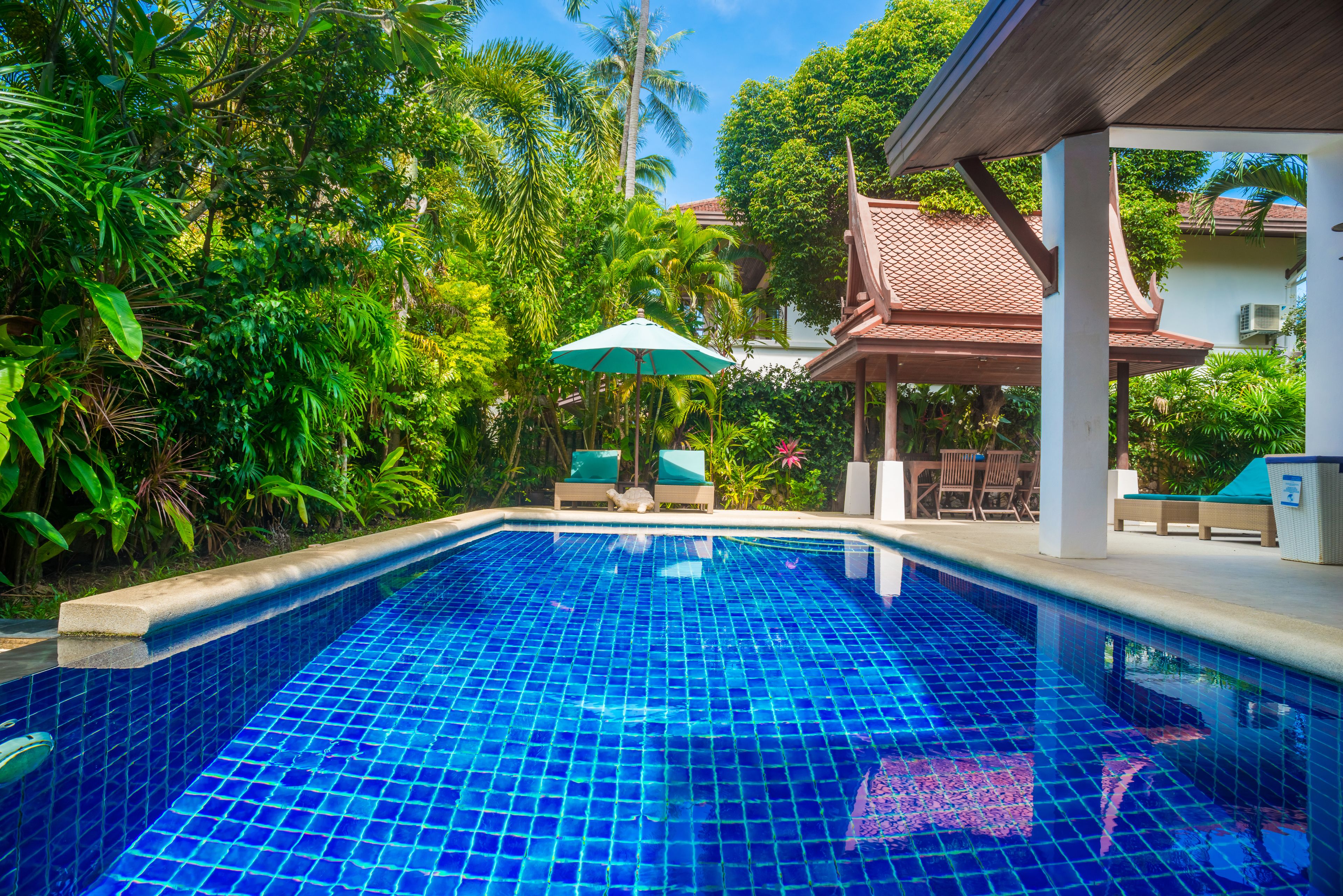 A swimming pool with blue tiles, surrounded by lush greenery and a covered seating area with chairs and an umbrella.