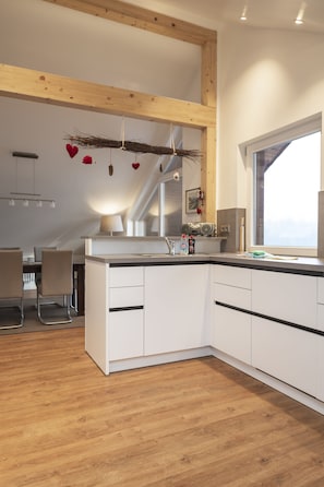 Design Apartment, 2 Bedrooms, Balcony, Mountain View | Private kitchen | Full-size fridge, microwave, oven, stovetop - Ferienwohnung Stern (Friedenweiler)