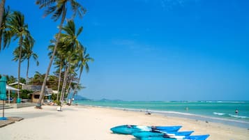 Trên bãi biển, cát trắng, ghế dài tắm nắng, dù trên bãi biển