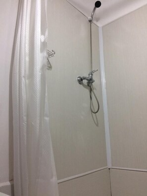 Dobbeltrom – panorama, 1 queensize-seng, utsikt mot høyde | Bad | Dusj, hårføner og håndklær
