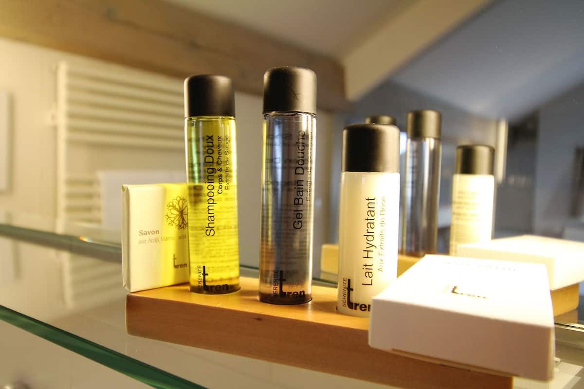 free toiletries, hair dryer, towels