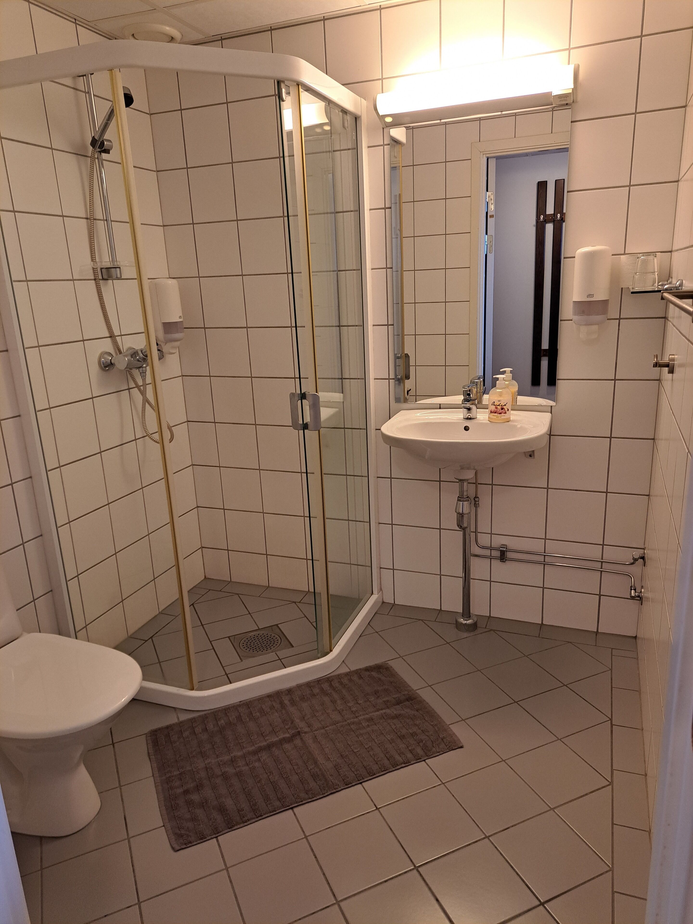 Une salle de bain avec une douche à parois de verre, un lavabo blanc et des toilettes.