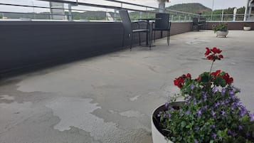 Une terrasse sur le toit avec un sol en béton, une rambarde en métal et des plantes en pot aux fleurs rouges et violettes.