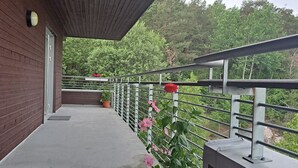 Un balcón techado con piso de concreto, barandilla de metal y una maceta con flores rosadas.