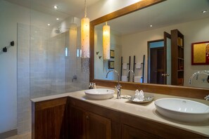 Deep soaking tub, rainfall showerhead, free toiletries, hair dryer