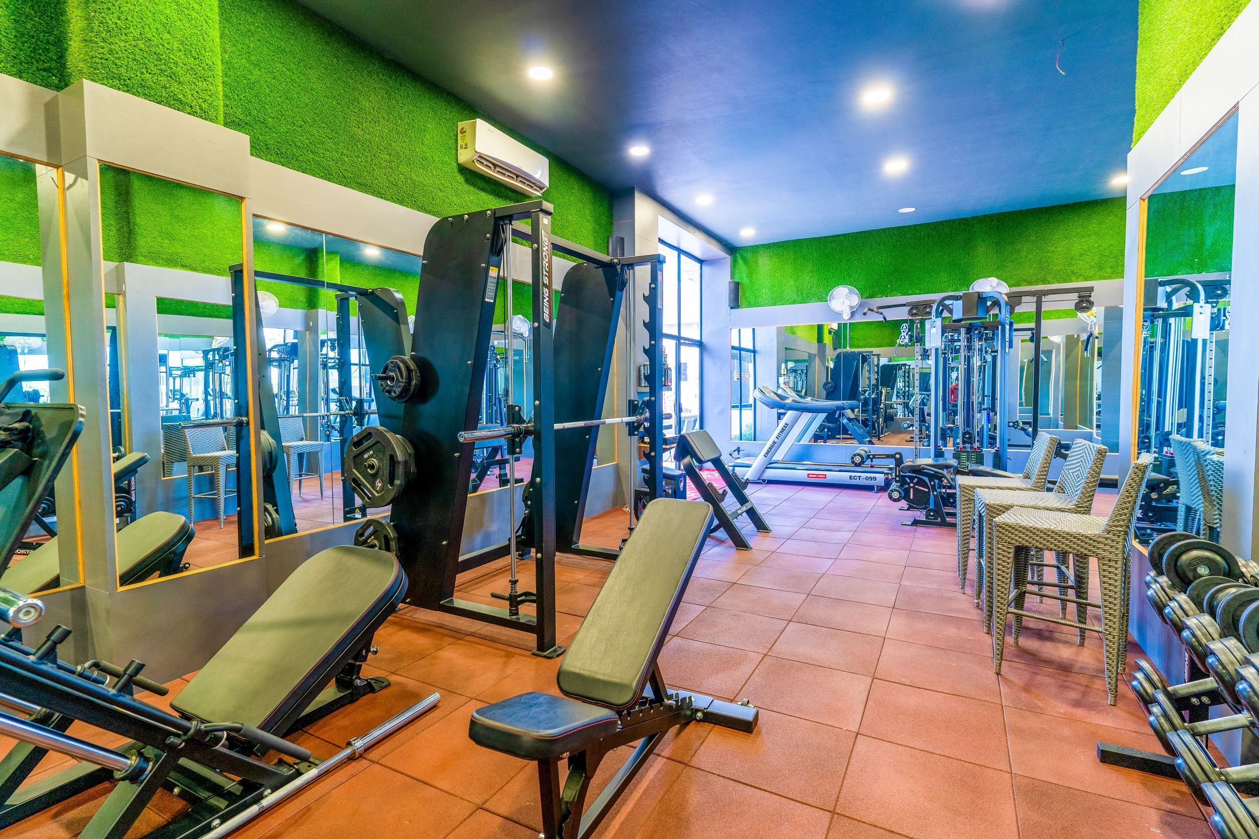 Ein Fitnessstudio mit Trainingsgeräten, Spiegeln und einer grünen Wand.