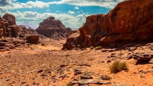 A desert landscape with rocky terrain and sparse vegetation. - Mars Private camp (Wadi Rum)