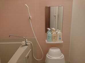 Combined shower/bathtub, free toiletries, hair dryer, slippers