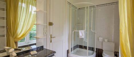 A bathroom with a glass-enclosed shower, a white toilet, and a sink with a marble countertop.