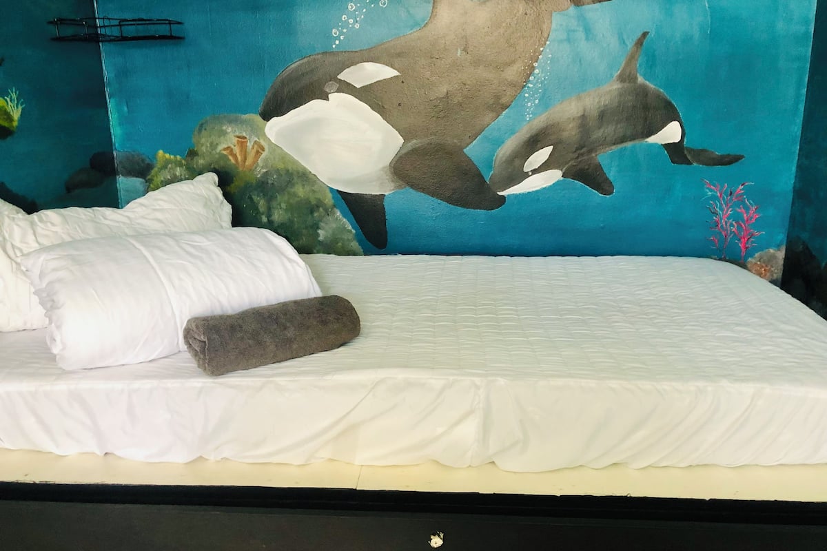 Een bed met wit beddengoed en een grijs kussen, een blauwe muur met een muurschildering van orka's, en een klein plantje aan de linkerkant.