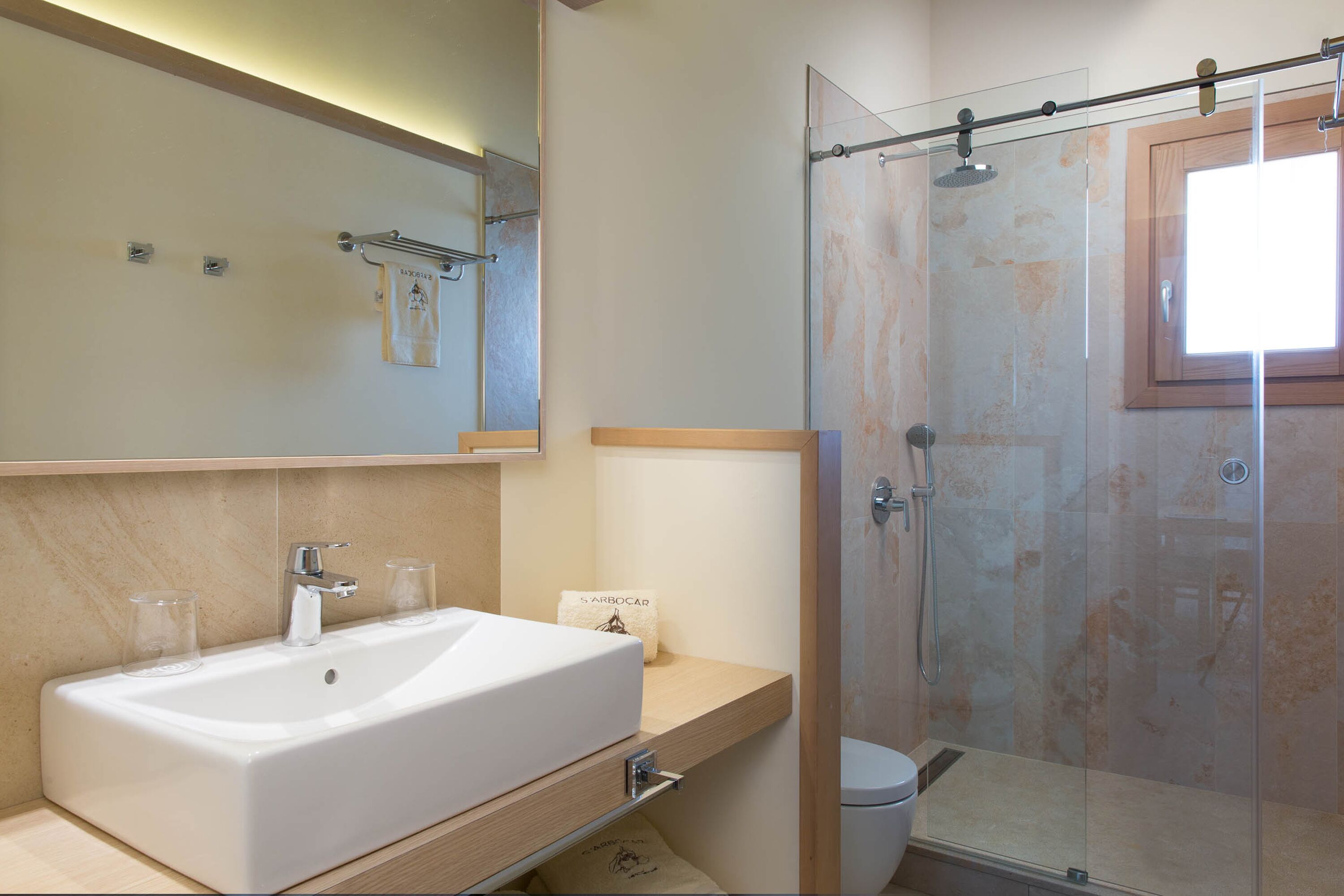 A modern bathroom with a large sink, mirror, and glass-enclosed shower.